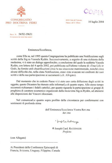 Official Letter from Cardinal Ratzinger