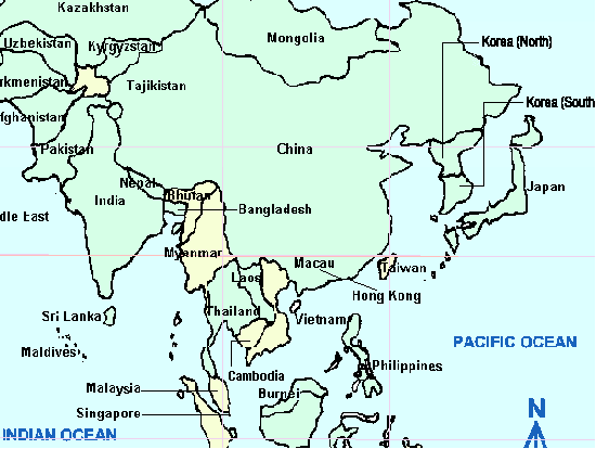 Map of Japan, Hong Kong, India, Bangladesh, Thailand, Philippines and Singapore