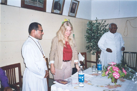 New Delhi, India. Vassula with Archbishop Vincent Concessao, and Father Joseph Thomas after the meeting of many different Christian churches of all India. July 2005